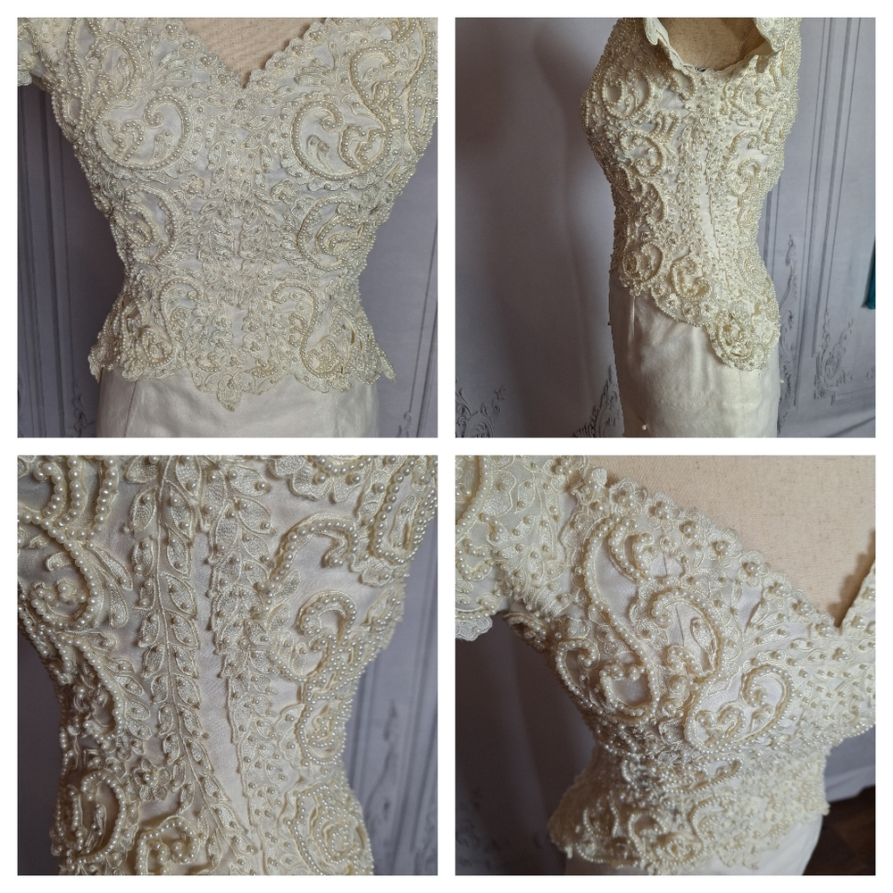 St. Pucchi Ivory Lace Beaded Vintage-Style Wedding Dress with Train - Picture 9 of 16